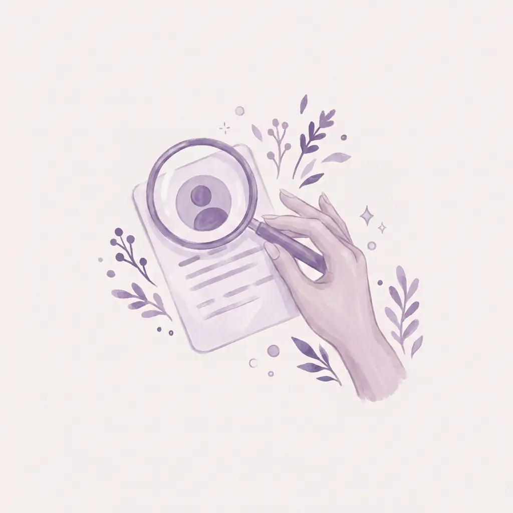 Ilustración: mano sosteniendo una lupa sobre un perfil profesional