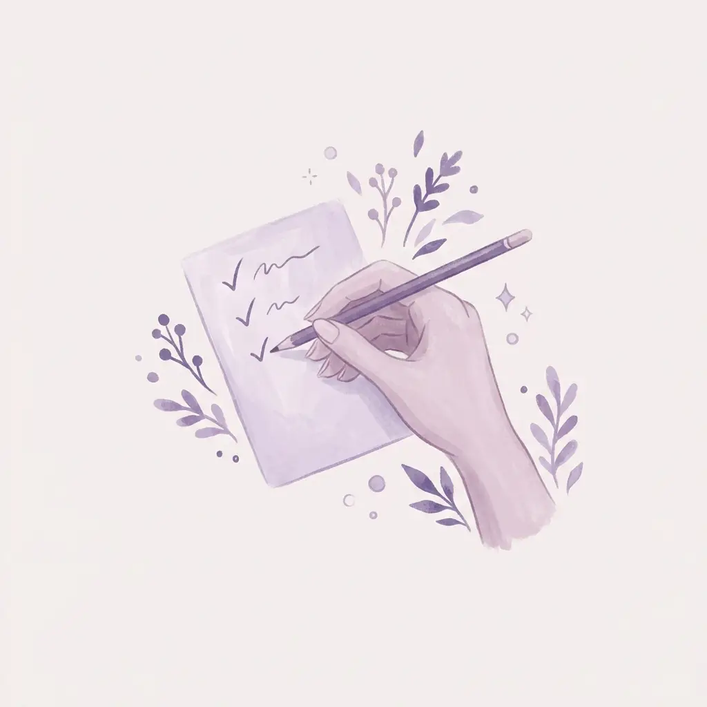 Ilustración: mano con lápiz marcando tildes en un checklist